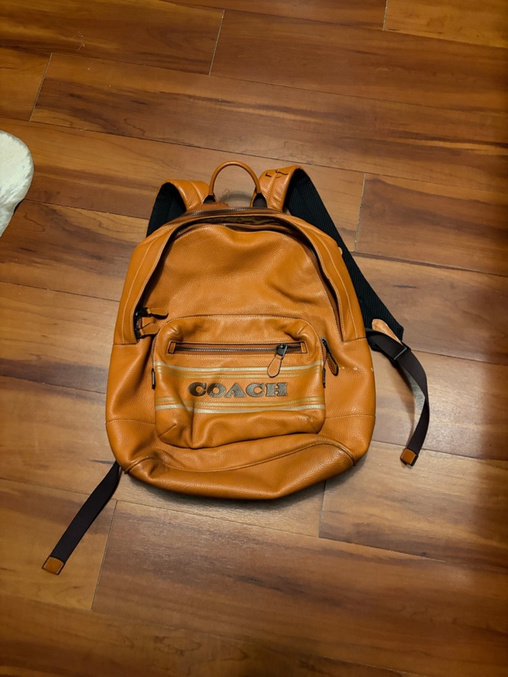Coach Men's Cognac Leather Backpack with Front Logo Pocket